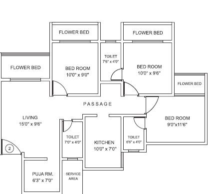 Floor plan of 3 BHK 1305 Sq. Ft. Apartment in Mohan Highlands, Thane