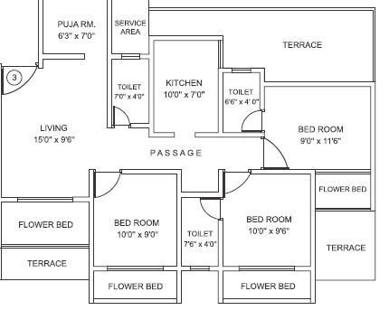 Floor plan of 3 BHK 1420 Sq. Ft. Apartment in Mohan Highlands, Thane
