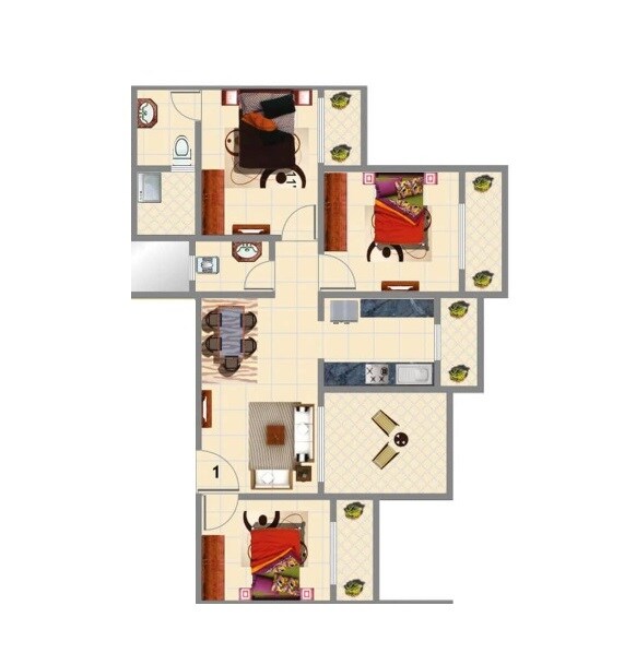 Floor plan of 3 BHK 1030 Sq. Ft. Apartment in Mohan Suburbia, Thane