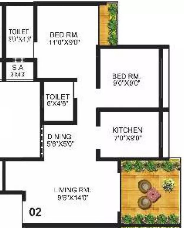 Floor plan of 2 BHK 652 Sq. Ft. Apartment in Mohan Willows, Thane