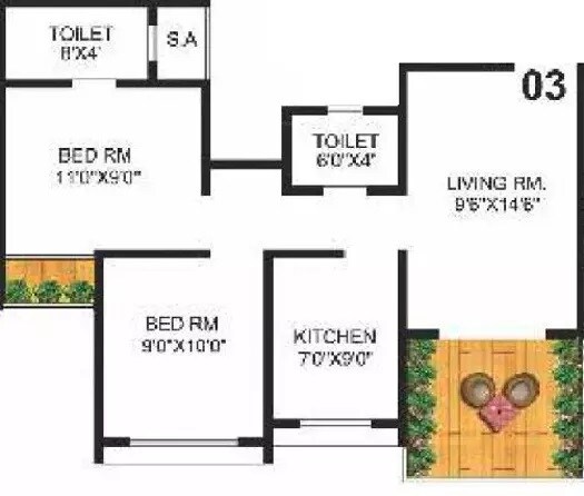 Floor plan of 2 BHK 580 Sq. Ft. Apartment in Mohan Willows, Thane