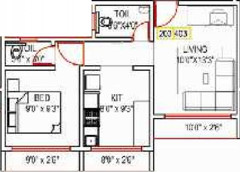Floor plan of 1 BHK 445 Sq. Ft. Apartment in Mohite Shreeyog Residency, Thane