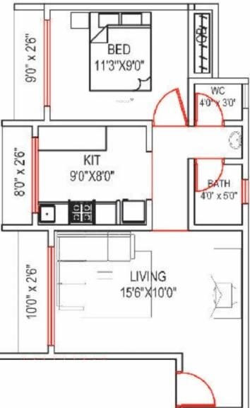 Floor plan of 1 BHK 502 Sq. Ft. Apartment in Mohite Shreeyog Residency, Thane