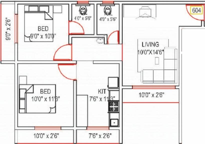 Floor plan of 2 BHK 624 Sq. Ft. Apartment in Mohite Shreeyog Residency, Thane