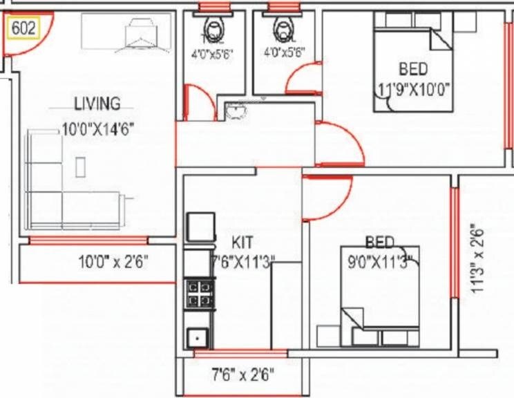 Floor plan of 2 BHK 634 Sq. Ft. Apartment in Mohite Shreeyog Residency, Thane