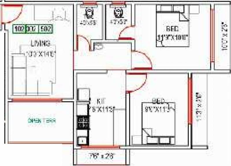 Floor plan of 2 BHK 636 Sq. Ft. Apartment in Mohite Shreeyog Residency, Thane