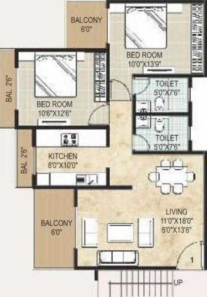 Floor plan of 2 BHK Apartment - 565 sq. ft. in Monarch Properties Solitaire, Thane