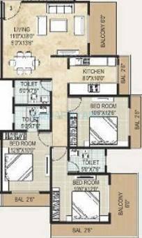 Floor plan of 3 BHK Apartment - 685 sq. ft. in Monarch Properties Solitaire, Thane