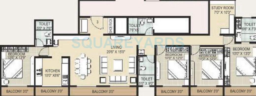 Floor plan of 4 BHK Apartment - 931 sq. ft. in Monarch Properties Solitaire, Thane