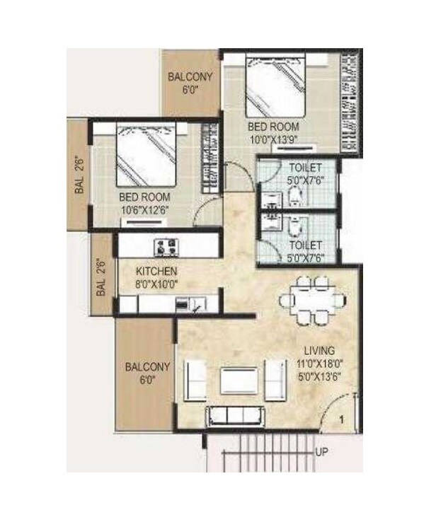 Floor plan of 2 BHK 566 Sq. Ft. Apartment in Monarch Solitaire, Thane