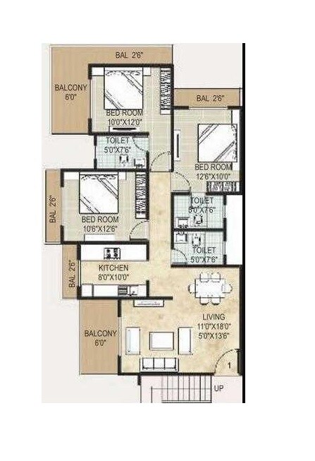 Floor plan of 3 BHK 686 Sq. Ft. Apartment in Monarch Solitaire, Thane
