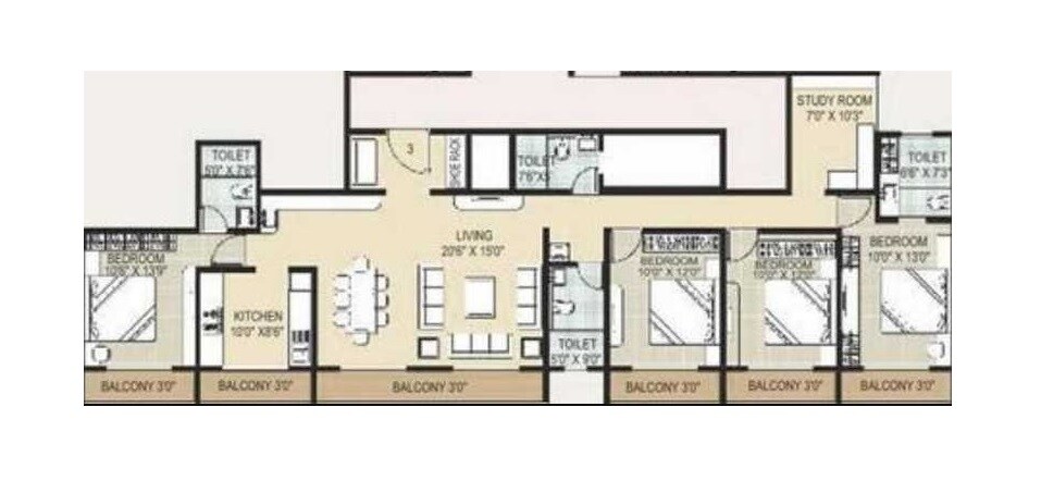 Floor plan of 4 BHK 932 Sq. Ft. Apartment in Monarch Solitaire, Thane
