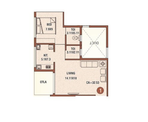 Floor plan of 1 BHK 350 Sq. Ft. Apartment in Morivali Ambernath Brondesbury CHS, Thane