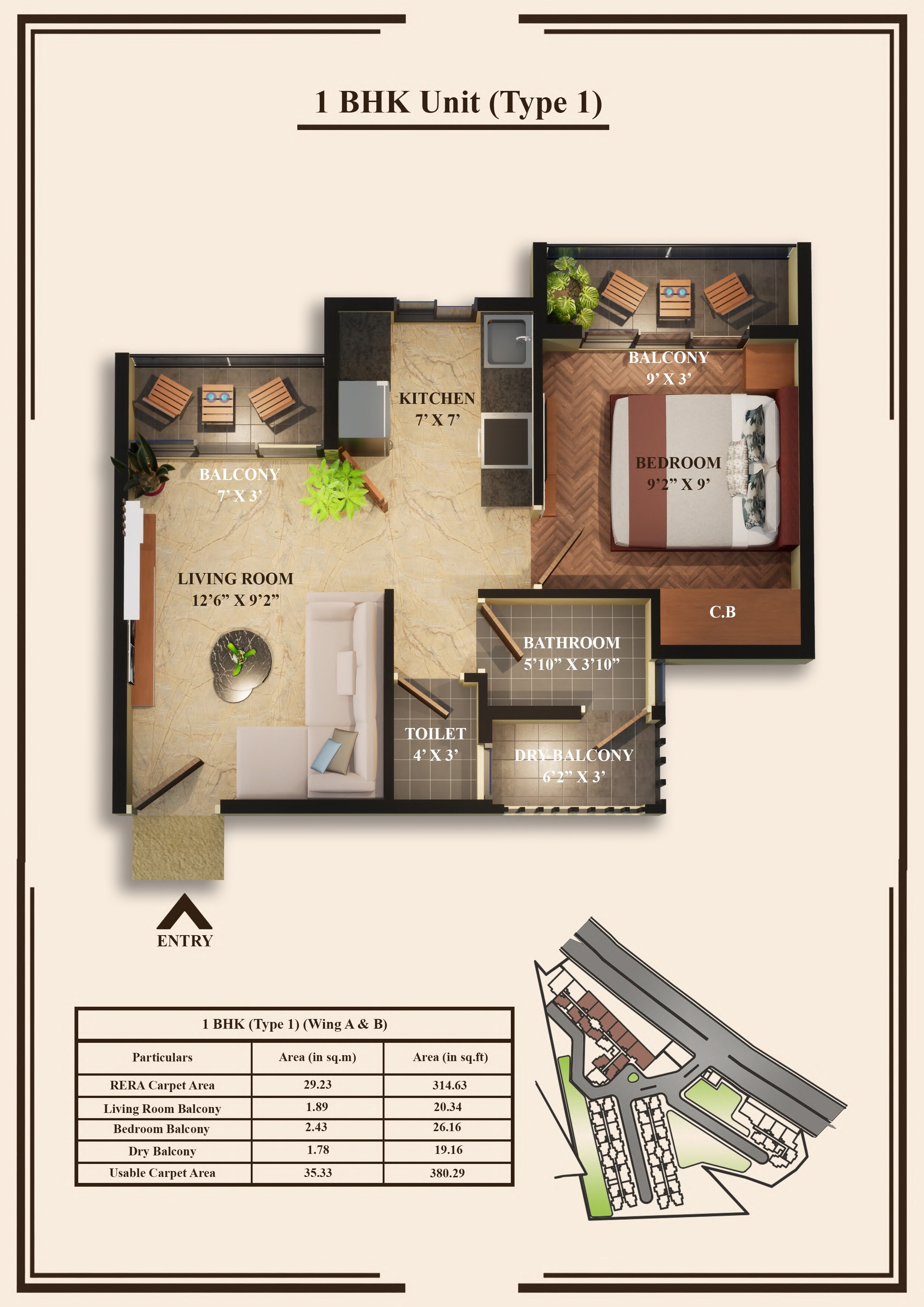 Floor plan of 1 BHK 380 Sq. Ft. Apartment in Morya Anand Home, Thane
