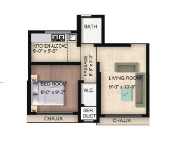 Floor plan of 1 BHK 307 Sq. Ft. Apartment in Morya Heights, Thane
