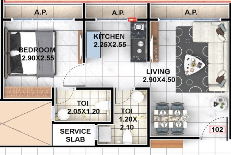Floor plan of 1 BHK 420 Sq. Ft. Apartment in Morya Sai Heaven, Thane