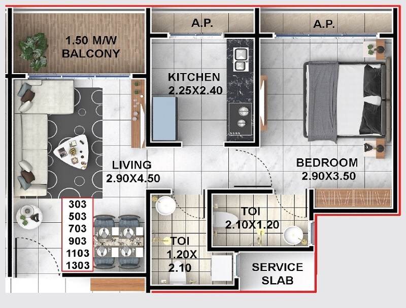 Floor plan of 1 BHK 500 Sq. Ft. Apartment in Morya Sai Heaven, Thane