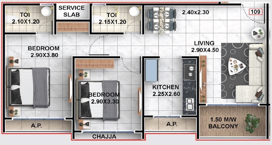 Floor plan of 2 BHK 700 Sq. Ft. Apartment in Morya Sai Heaven, Thane