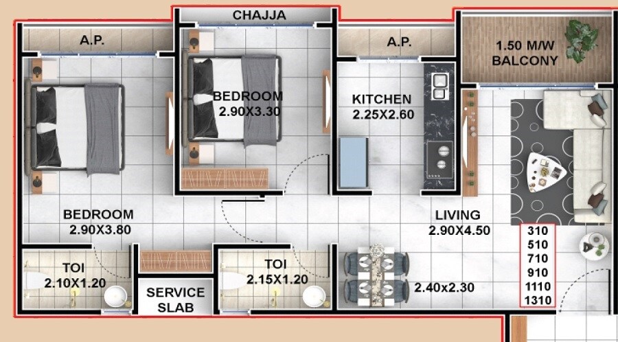 Floor plan of 2 BHK 715 Sq. Ft. Apartment in Morya Sai Heaven, Thane