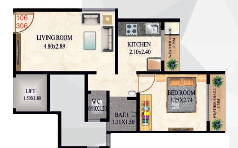 Floor plan of 1 BHK 358 Sq. Ft. Apartment in Motiram Darshan, Thane