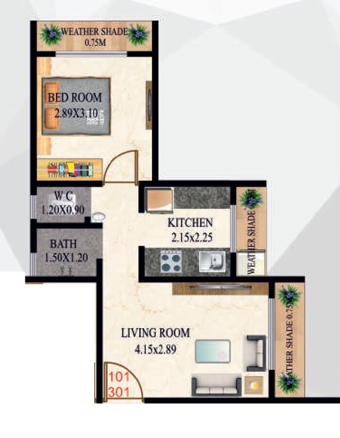 Floor plan of 1 BHK 400 Sq. Ft. Apartment in Motiram Darshan, Thane