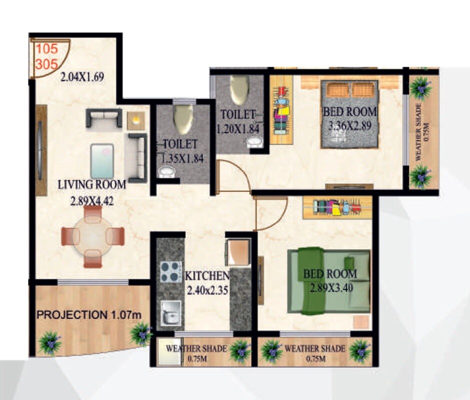 Floor plan of 2 BHK 568 Sq. Ft. Apartment in Motiram Darshan, Thane