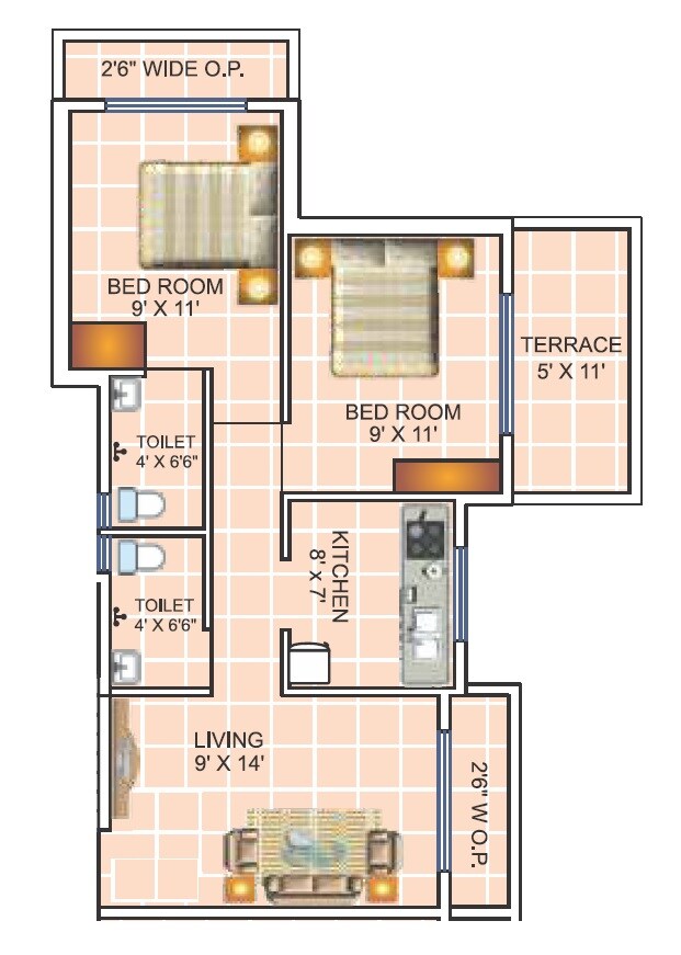 Floor plan of 2 BHK 379 Sq. Ft. Apartment in Motiram Puram, Thane