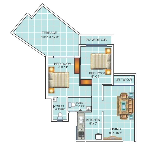 Floor plan of 2 BHK 500 Sq. Ft. Apartment in Motiram Puram, Thane