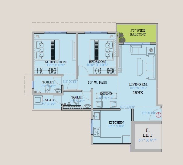 Floor plan of 2 BHK 691 Sq. Ft. Apartment in Mount Casa, Thane