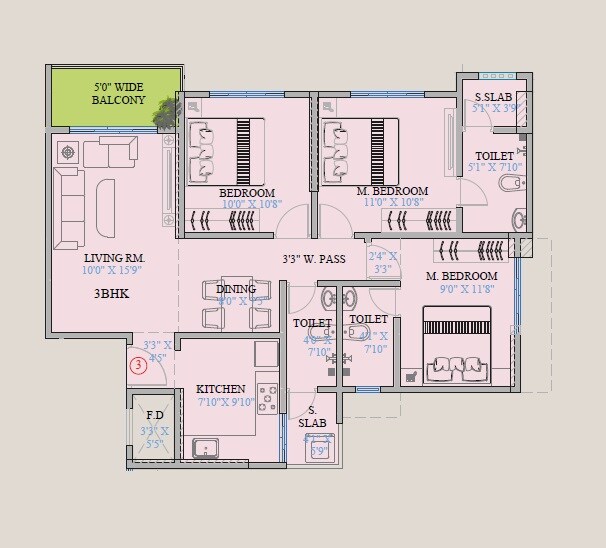 Floor plan of 3 BHK 926 Sq. Ft. Apartment in Mount Casa, Thane