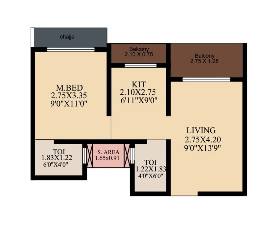 Floor plan of 1 BHK 400 Sq. Ft. Apartment in Mountain Greens, Thane