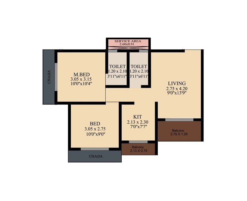 Floor plan of 2 BHK 579 Sq. Ft. Apartment in Mountain Greens, Thane