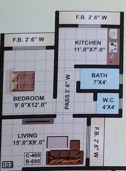 Floor plan of 1 BHK 456 Sq. Ft. Apartment in Mrunali Paradise, Thane