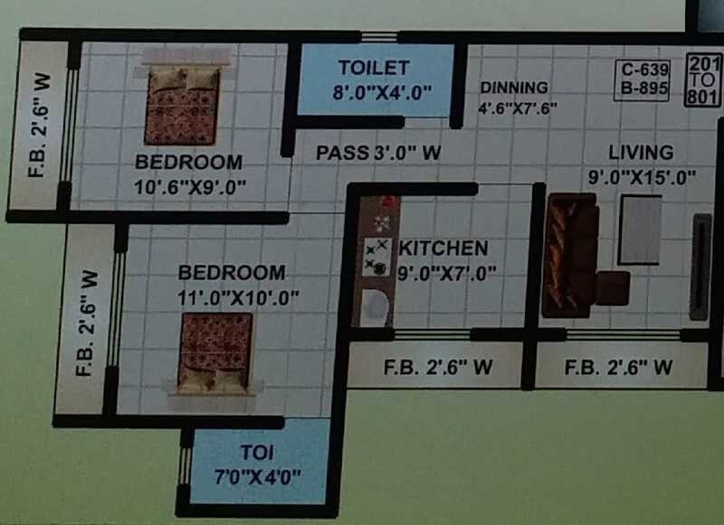 Floor plan of 2 BHK 600 Sq. Ft. Apartment in Mrunali Paradise, Thane
