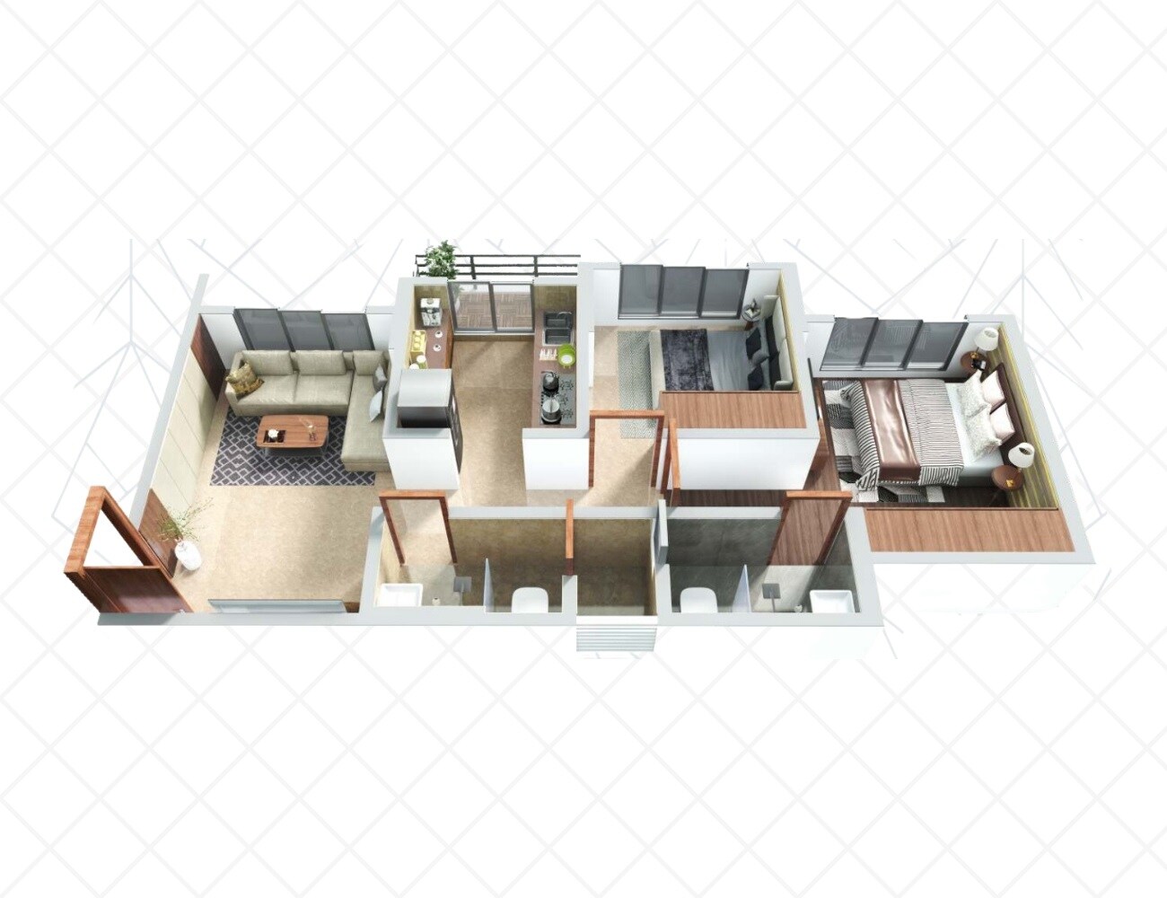 Floor plan of 2 BHK 577 Sq. Ft. Apartment in MS Vrindavan City, Thane