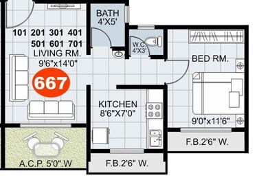 Floor plan of 1 BHK 355 Sq. Ft. Apartment in Mukul Palms, Thane