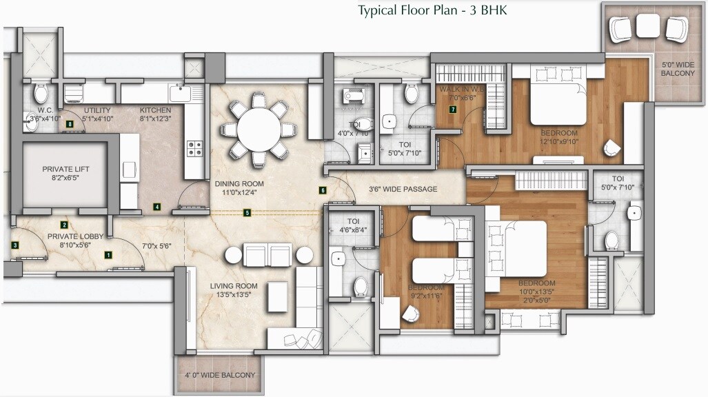 Floor plan of 3 BHK 1408 Sq. Ft. Apartment in Mura Center One, Thane