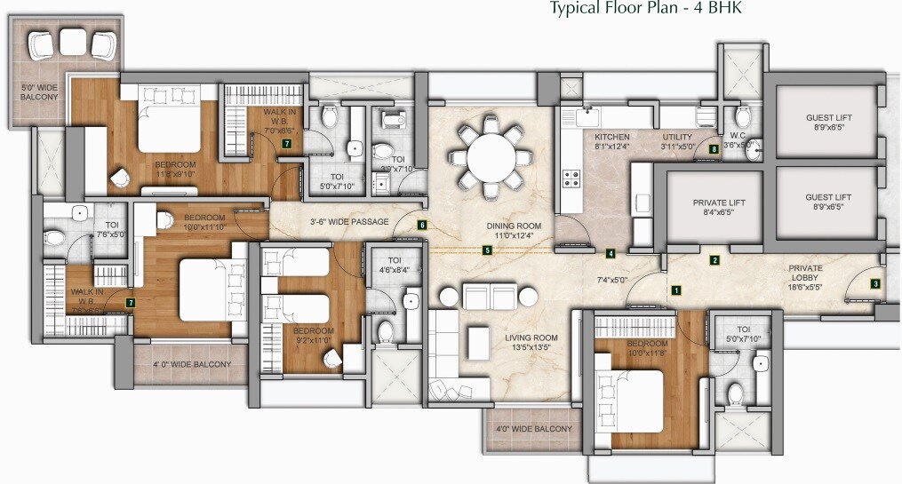 Floor plan of 4 BHK 1687 Sq. Ft. Apartment in Mura Center One, Thane
