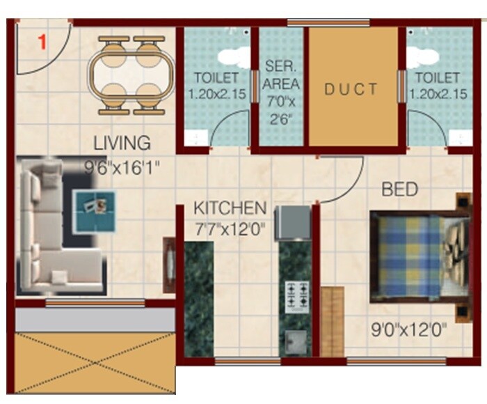 1 BHK 445 Sq. Ft. Apartment