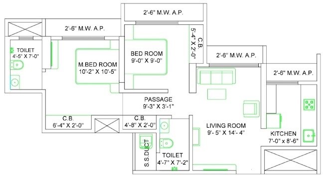 Floor plan of 2 BHK 543 Sq. Ft. Apartment in Nakshatra Metro Majestic, Thane