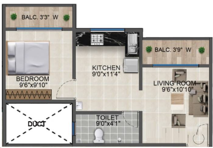 Floor plan of 1 BHK 412 Sq. Ft. Apartment in Nandini Shree Krishna Heights, Thane
