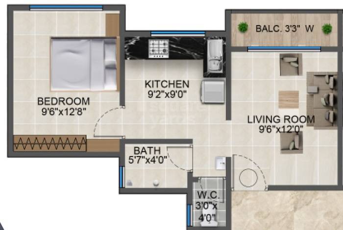 Floor plan of 1 BHK 422 Sq. Ft. Apartment in Nandini Shree Krishna Heights, Thane