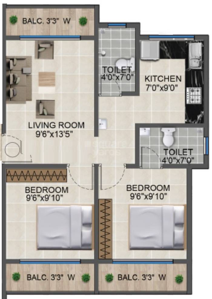 Floor plan of 2 BHK 594 Sq. Ft. Apartment in Nandini Shree Krishna Heights, Thane