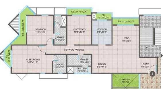 Floor plan of 3 BHK 1700 Sq. Ft. Apartment in Nandivardhan  Oasis Sapphire, Thane