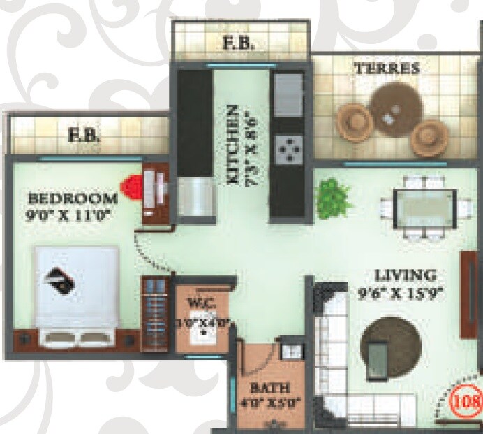Floor plan of 1 BHK 370 Sq. Ft. Apartment in Nanu Park, Thane