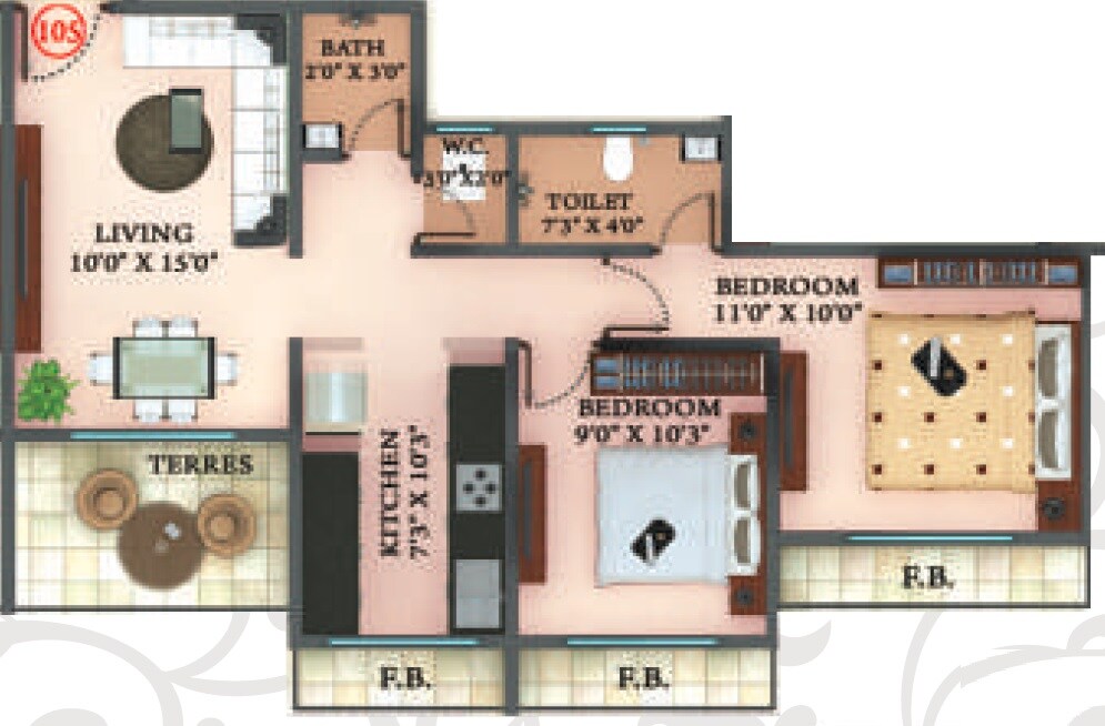 Floor plan of 2 BHK 543 Sq. Ft. Apartment in Nanu Park, Thane
