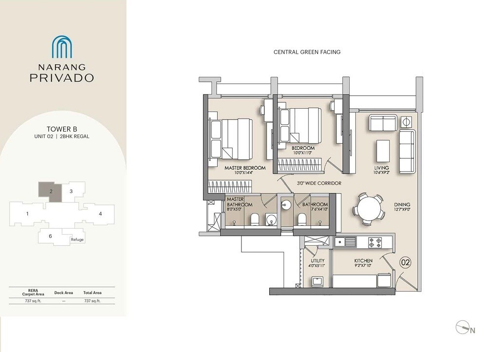 Floor plan of 2 BHK 737 Sq. Ft. Apartment in Narang Privado, Thane