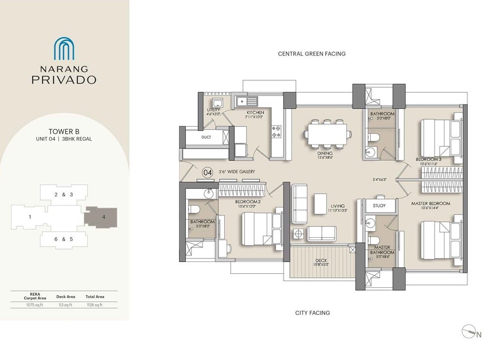 Floor plan of 3 BHK 1075 Sq. Ft. Apartment in Narang Privado, Thane