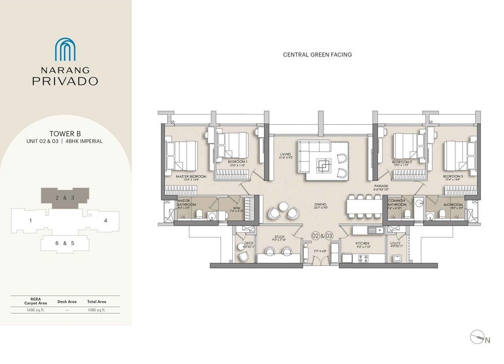 Floor plan of 4 BHK 1486 Sq. Ft. Apartment in Narang Privado, Thane