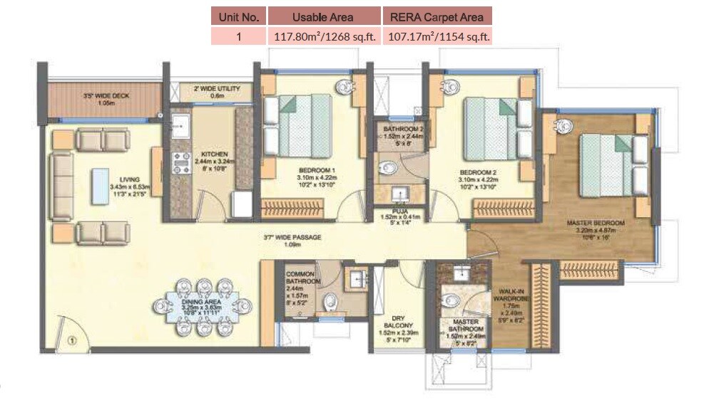 Floor plan of 3 BHK 1154 Sq. Ft. Apartment in Narang Rozanne by Courtyard, Thane